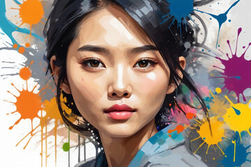An abstract painting illustration portrait of a handsome young asian female person, colorful splashes