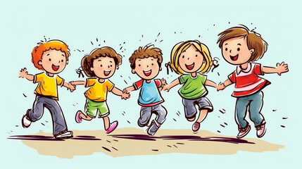 Children walking hand in hand along a sandy path as a cartoon, Generative AI - 705531588