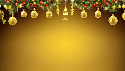 Christmas golden background with balls, garlands, decorations and copyspace