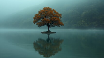 Fototapeta na wymiar Inspirational photo background of a single tree on a calm cold and misty lake with reflections in the water creating a dreamy, ethereal atmosphere. Generative AI