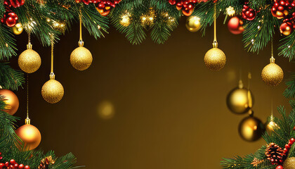 Christmas dark background with balls, garlands, decorations and copyspace