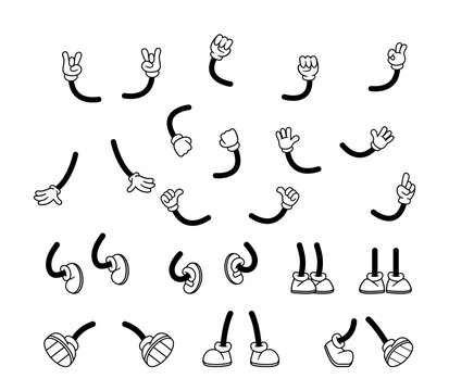 Isolated Hands and Legs in Cartoon Retro Style. Comic Foot In Shoes and Arms in Gloves. Vector Set of Stick Feet
