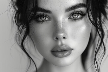 A striking portrait capturing the beauty of a girl with flawless makeup, the photo-like rendering presenting a refined and sophisticated image against a clean background, evoking a