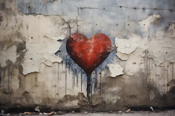 A red heart graffiti painted on a old concrete wall on the street. Valentines Day postcards concept