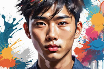 An abstract painting illustration portrait of a handsome young asian male person, colorful splashes