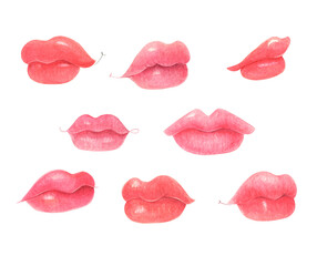 Collection of beautiful realistic lips, watercolor illustration, isolated.