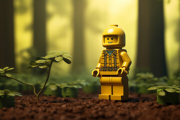 A charming Lego-style illustration featuring a little Lego man enjoying a quiet day in a park, surrounded by nature and simplicity, creating a visually captivating and laconic 3:2
