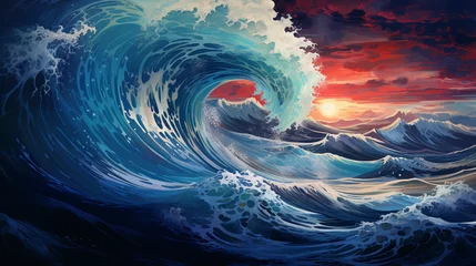 Foto op Plexiglas depicted in majestic sea settings, roaring waves, towering shining presences, stormy weather, dramatic lighting © Adja Atmaja