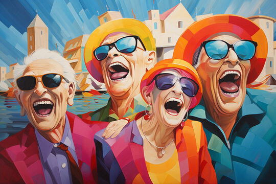 An exuberant scene featuring cheerful pensioners enjoying the seaside, depicted with bold colors and dynamic shapes in the modern art style, creating a visually striking and joyful