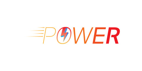 orange-red power word and lightning symbol. power logo