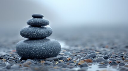 Inspirational photo background of  stacked stones a calm misty ground, creating a dreamy, ethereal atmosphere. Generative AI