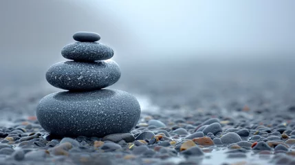Keuken foto achterwand Stenen in het zand Inspirational photo background of  stacked stones a calm misty ground, creating a dreamy, ethereal atmosphere. Generative AI