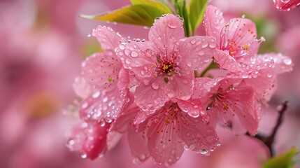 Beautiful cherry blossoms delicately covered in morning dew