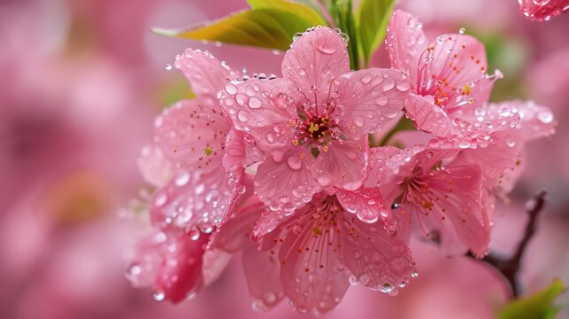 Beautiful cherry blossoms delicately covered in morning dew