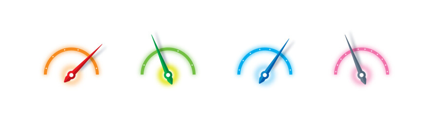 orange, green, blue, pink speedometer. semicircle speedometer. four option dial concept. speedometer for sport, education, business