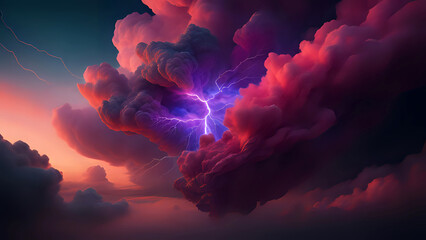 Gewitter Sturm mit lila Blitzen - obrazy, fototapety, plakaty