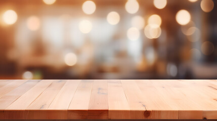 Empty beautiful wood table top counter and blur bokeh modern kitchen interior background in clean and bright,Banner, Ready for product montage. Generative AI illustration 