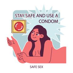 World AiDs day. Woman using a condom during sex or intercourse. HIV, immunodeficiency virus transmission prevention. Dangerous disease awareness. Flat vector illustration