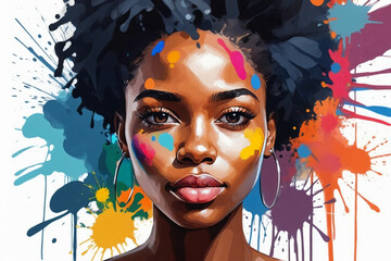 An abstract painting illustration portrait of a handsome young black female person, colorful splashes