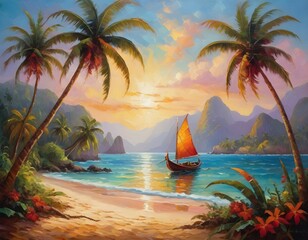 A Tropical Paradise: Beautiful Beach with Coconut Palm Trees and Clear Blue Ocean