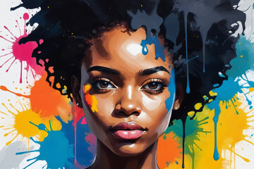An abstract painting illustration portrait of a handsome young black female person, colorful splashes © Giuseppe Cammino