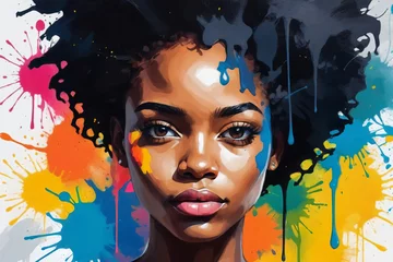 An abstract painting illustration portrait of a handsome young black female person, colorful splashes © Giuseppe Cammino