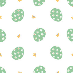 Seamless vector pattern for easter day. Cute Easter green eggs with daisies, butterflies . Vector illustration