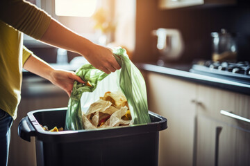 A young man holds a bag of collected plastic waste in the kitchen and advocates for environmental protection. - obrazy, fototapety, plakaty