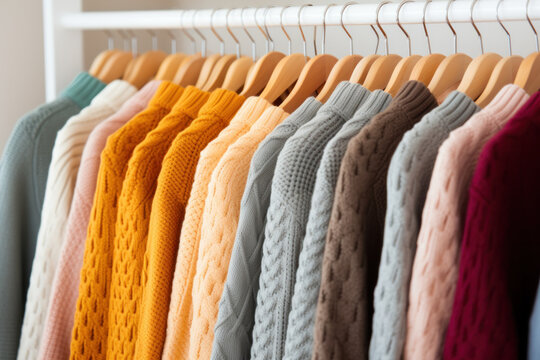 Stylish boutique with a varied collection of warm knitted clothing in soft colors.