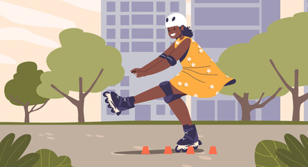 Child Character Gleefully Glides On Roller Blades In The Sunlit Park, Mastering Each Turn With Carefree Joy
