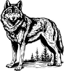 Fototapeta premium Line Art Engraving of Wolf standing, Black and White Detailed Vector Illustration, Isolated Animal Design on White Background