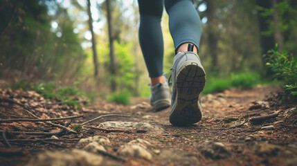 Close up of female hiker feet walking outdoors in the forest, female legs walking on a forest trail - Powered by Adobe