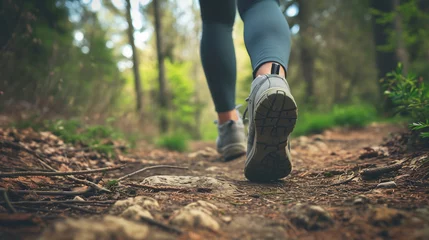 Fotobehang Close up of female hiker feet walking outdoors in the forest, female legs walking on a forest trail © AspctStyle