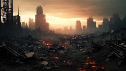 modern city devastated by explosions and chaos, apocalipse