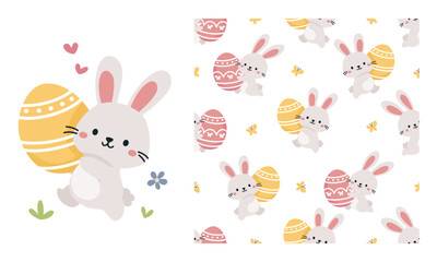 Vector set for easter holiday. Cute bunny running with easter egg, printable print. Seamless vector pattern on white background with bunnies and eggs . Vector illustration