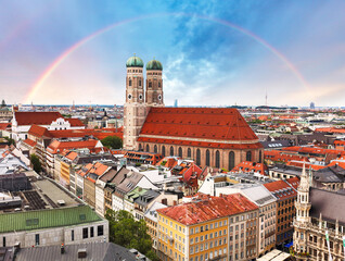 Rainbow over Munich city downtown skyline with Marienplatz - Town Hall in Germany