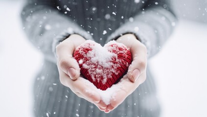 Woman's hand with snowy heart on snow background, snow heart