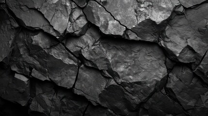 A textured black stone background crafted from the rough, dark grey surface of a mountain, complete with cracks and ample space for creative design - obrazy, fototapety, plakaty