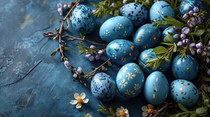 Coloured blue eggs. Blue easter eggs on blue background. Easter eggs with flowers.