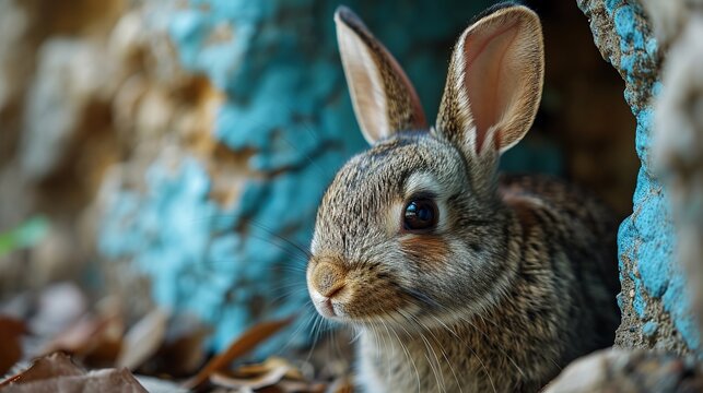 Closeup photo of bunny peaking out of a hole. Easter bunny in a blue wall. Adorable rabbit.