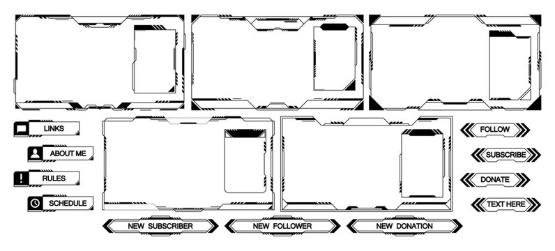 Monochrome Game Stream Panels. Twitch Streaming Overlay Frames For Gamers Leaderboard, Digital Screen
