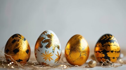 Golden coloured eggs on isolated white background. Colourful easter eggs standing in a row.