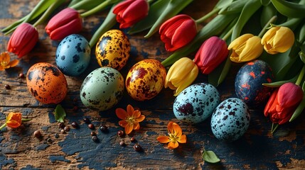 Obraz premium Easter eggs and tulip flowers on wooden table. Easter postcard with copy space for text. Easter.