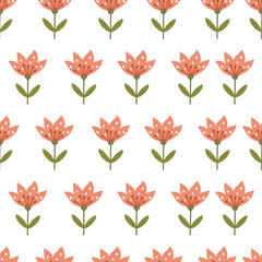 Seamless vector pattern in minimalistic style. Cute pink flowers in naive art. . Vector illustration