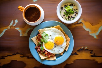 Fototapeta na wymiar huevos rancheros breakfast with a cup of black coffee