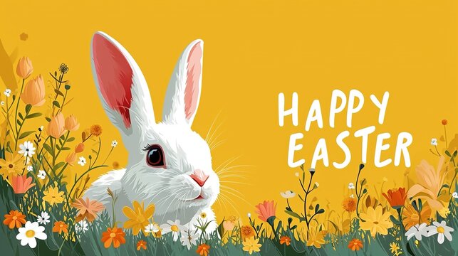 Purple and yellow ester postcard. Happy easter banner with bunny. Cute bunny on yellow background.