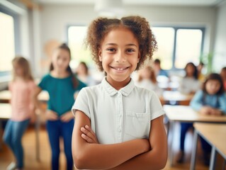 smiling elementary school student standing in classroom with arms crossed.