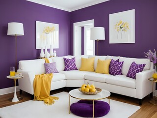 yellow purple decorative cushionsconsole and prop 3d renderluxurious interior wooden furnitureempty wall mockup,attic living room. beige tones,sofa and poster,minimalist modern. japandi style.
