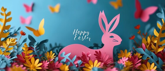 Paper cut out of easter bunny for background. Pink easter rabbit on isolated blue background.