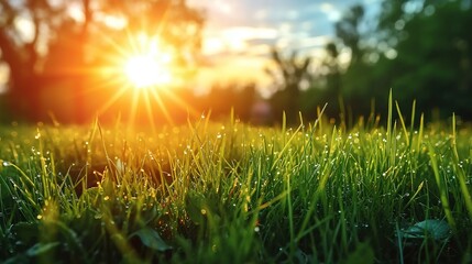 Closeup photo of green grass in the morning. Grass on field with blurred sun on the background.